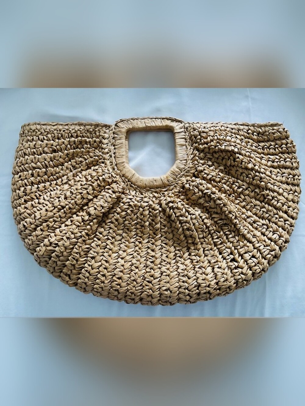 Woven Straw Half-Moon Tote Bag in Natural
